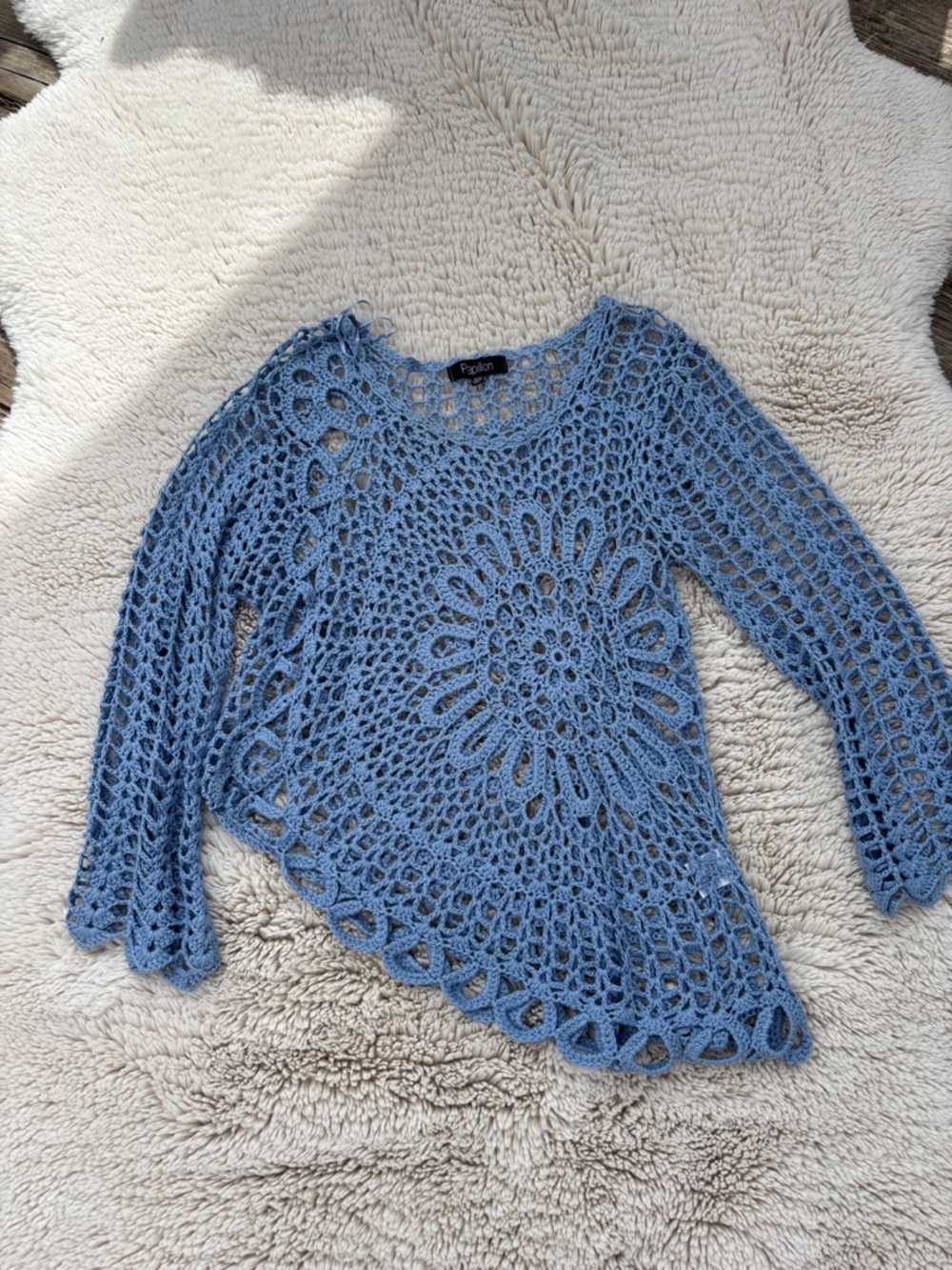 Papillon Blanc Light Blue Crochet Asymmetrical Scoop-Neck Sweater
